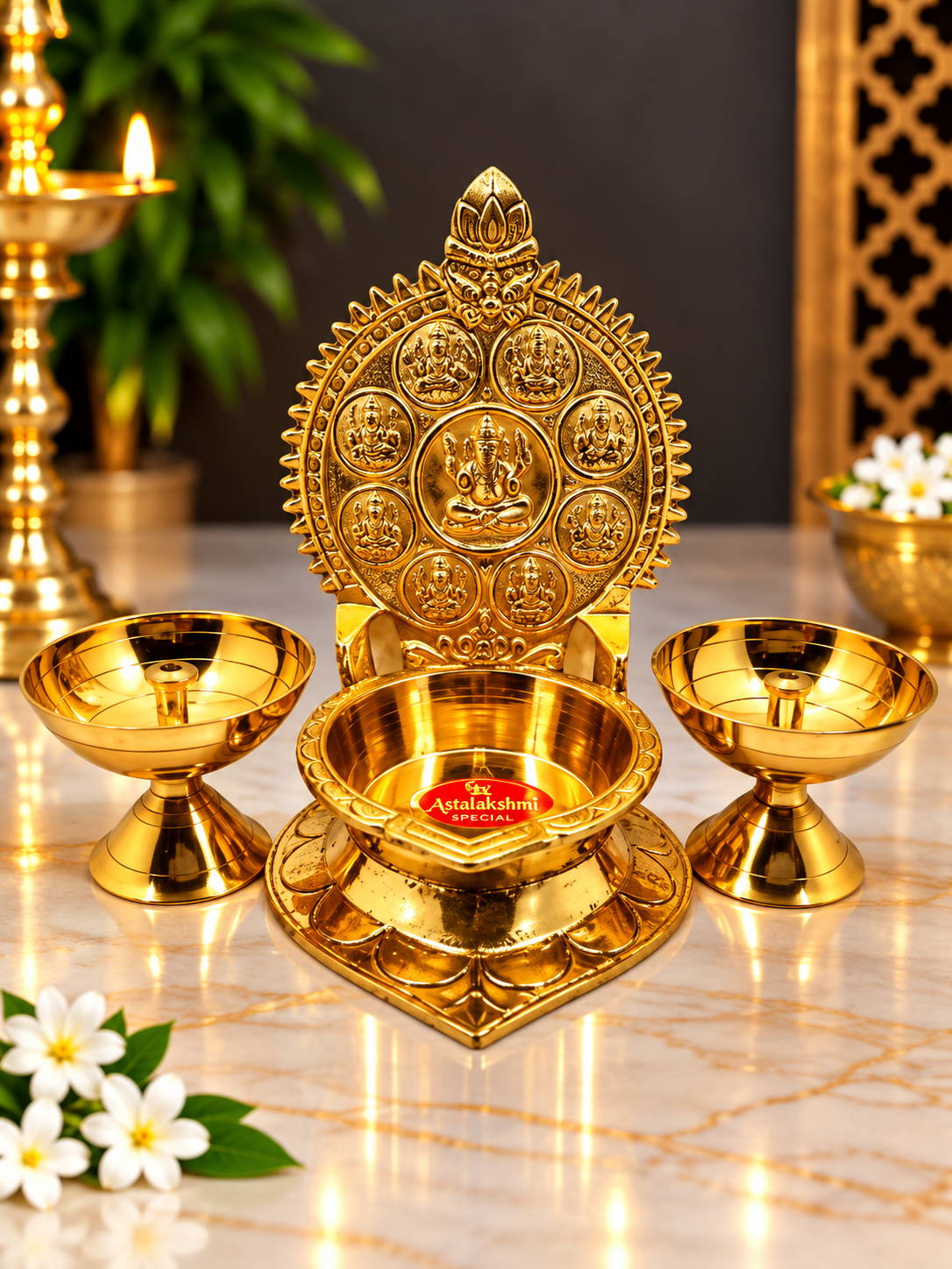 Golden Finish Lakshmi Ganesha Diya Decorative Pooja Set